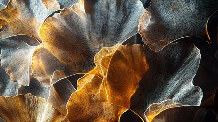 Wall Mural -   A photo of close-up flowers with yellow and brown hues and leaves between their petals