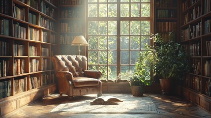 Poster -   A chair sits beside a window with a bookshelf and potted plant in the background