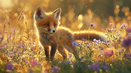   A fox in a field of blurred grass and flowers