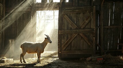 Poster -   A goat stands before a barn door with sunlight streaming through the door and illuminating the scene