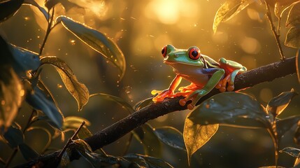 Wall Mural -   Red-eyed Tree Frog on Branch with Sunlit Background and Leaves in Foreground