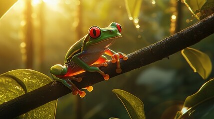 Sticker -   A red-eyed tree frog perches on a branch within a sunlit forest