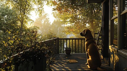 Wall Mural -   A large brown dog sits atop a wooden porch next to a lush green forest on a bright sunny day