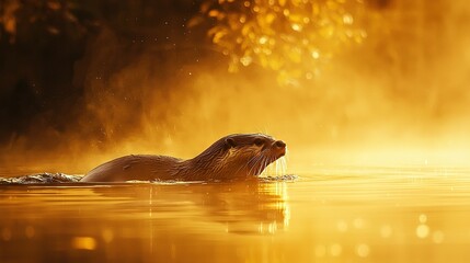 Canvas Print -   An otter swims on water with its head above the surface while the sun shines bright in the backdrop