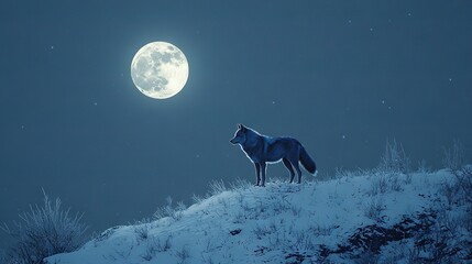 Poster -   A solitary figure perched atop a snow-capped peak, bathed in the soft glow of a full moon