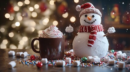 Poster -   A snowman beside a cup of hot chocolate and marshmallows on a table with a Christmas tree in the background