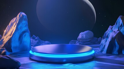 Wall Mural - A futuristic scene depicting a circular platform surrounded by rocky formations and a distant moon, illuminated by a glowing blue light.