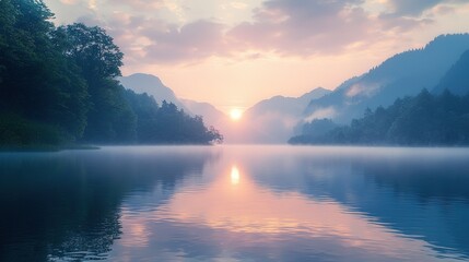 Wall Mural -   A water body surrounded by trees and mountains, with sunlight filtering from cloudy skies in the distance