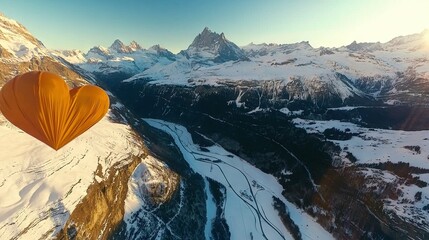 Sticker -   A heart-shaped hot air balloon soars above a snowy mountain range in the sky