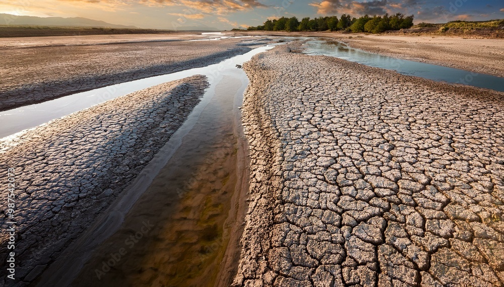 drought ecological disaster; the dried river is covered with salt Stock ...