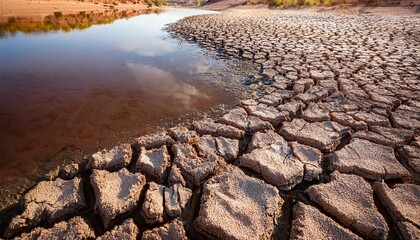 drought ecological disaster; the dried river is covered with salt