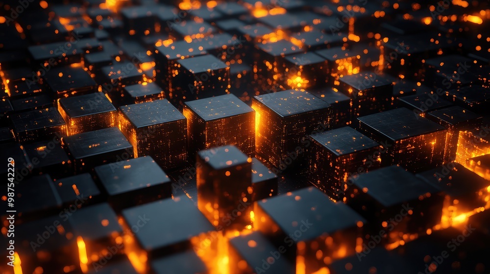 Floating 3D cubes with glowing edges, suspended in a grid-like pattern ...
