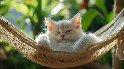 Sticker -   A white cat lounges in a hammock with its eyes shut and head resting on the hammock