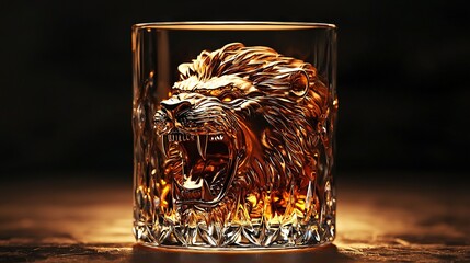 Poster -   A close-up photo of a glass featuring a lion's face and flames at its base