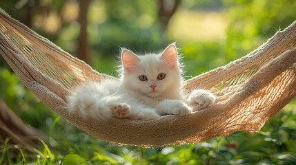 Poster -  White kitten lounges in hammock amidst green grass, tree background