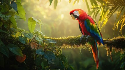 Wall Mural -   A parrot on a tree branch in a tropical forest with sunbeams through the foliage