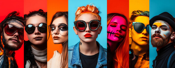 A vibrant collage of stylish fashion features women and men with diverse hairstyles, colorful makeup, and unique accessories, each wearing distinctive sunglasses against a bright background.