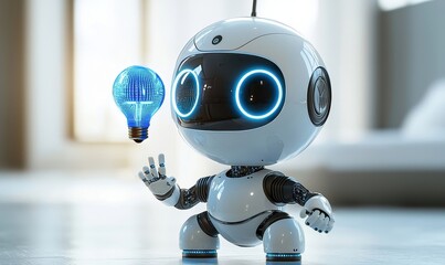 A 3D illustration of a robot with a lightbulb shows a new idea
