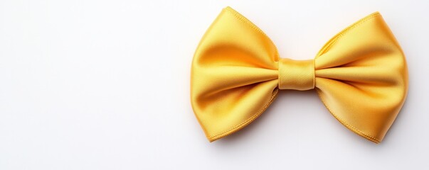 A bright yellow bow tie is placed centrally on a plain white background, showcasing its smooth texture and vibrant color.