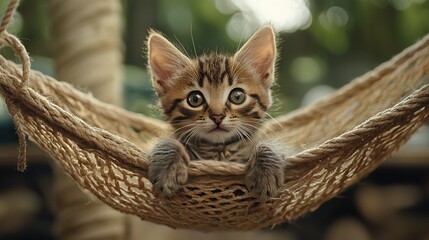 Poster -   A kitten sat in a hammock, his paws resting on it and staring into the lens