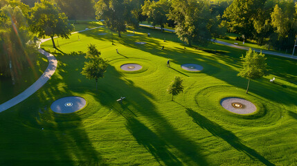 Sticker - Aerial View of a Disc Golf Course in a Lush Green Park