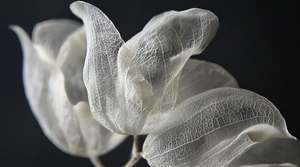 Canvas Print -   White flower on black background with blurred petals and leaves