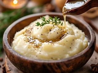 Close-up of mashed potatoes and gravy being served at Thanksgiving