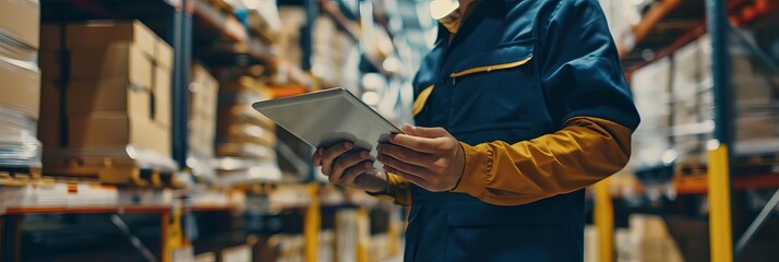 A warehouse worker with a tablet, represents logistics and inventory, with copy space