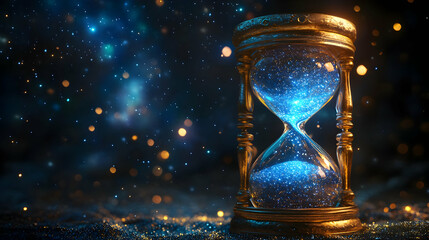 An elegant hourglass filled with shimmering blue sand, set against a starry cosmic background infused with golden bokeh lights.