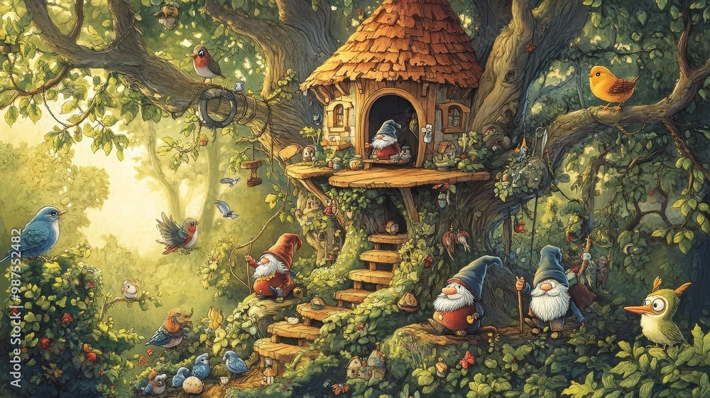 Whimsical forest scene with gnomes and a treehouse surrounded by woodland creatures