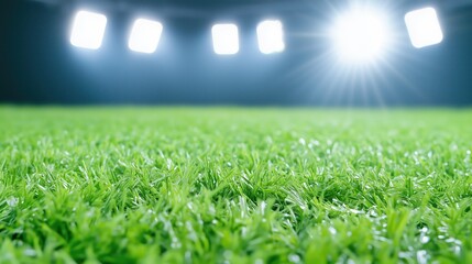 A field of green grass with lights shining on it, sport stadium lawn with copy space.