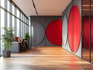 Modern office interior with large windows, wooden floor, and vibrant wall designs in gray and red.