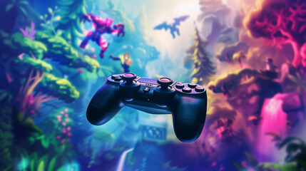 Close-up of joystick controller hovering over vibrant video game screen with blurred game characters and landscapes, symbolizing excitement and freedom of playing a free game.