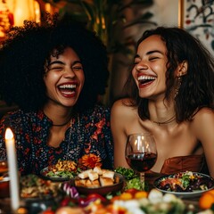 Two friends laughing together uncontrollably at a lively dinner party, surrounded by vibrant colors and good food.