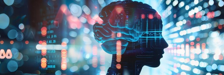 Silhouette of a head with a digital brain inside, abstract background of glowing lights.