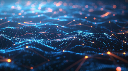 Wall Mural - Futuristic digital network design – interconnected dots and lines forming a network grid, dark blue background with glowing accents.