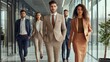 © Sasint - Business professionals in formal attire, including tailored suits and elegant dresses, with a mix of hairstyles and minimalistic accessories, in a modern office setting