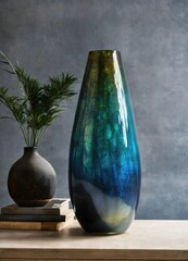 Wall Mural - Colorful Decorative glass vase with green and blue pattern on the table. Close up. ai generative