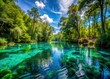 © Autun - Tranquil Madison Blue Springs boasts crystal-clear waters embraced by vibrant green foliage and towering trees, creating a serene oasis perfect for relaxation and exploration.