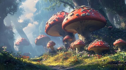 Wall Mural - Vibrant red mushrooms in a mystical forest illuminated by soft sunlight during the early morning hours