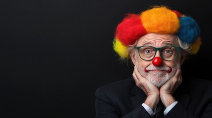 Canvas Print - A man with a clown nose and glasses wearing an orange wig, AI