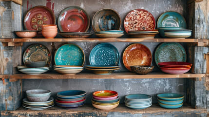 Vibrant plates and bowls are beautifully arranged on two wooden shelves, showcasing variety of colors and patterns that add warm and artistic touch to any space