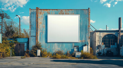 An abandoned building with large blank billboard stands against clear blue sky, surrounded by overgrown vegetation and remnants of industrial structures. scene evokes sense of nostalgia and decay