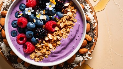 A close-up of a colorful smoothie bowl made with antioxidant-rich ingredients like berries, seeds, and nuts, perfect for boosting health and treating illness