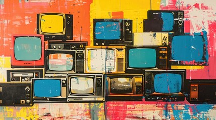 A collage of vintage televisions with vibrant colors and abstract patterns, representing a nostalgic view of the past.