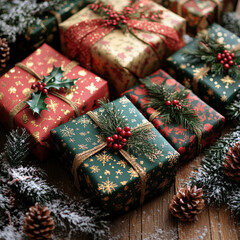 Festive Christmas presents wrapped in colorful paper with decorative bows and greenery create joyful holiday atmosphere. scene is enhanced by pinecones and snow, evoking warmth and celebration