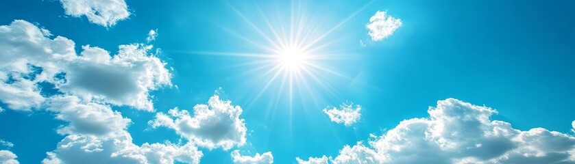 Bright sun shining over fluffy clouds in a clear blue sky