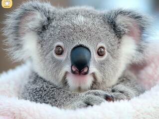 A cute koala clings to a soft surface, showcasing its large eyes, round ears, and distinctive nose in a cozy setting.