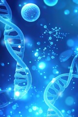 Blue background illustrating DNA strands and microscopic view of virus cells in a scientific and futuristic representation of genetics and biotechnology research