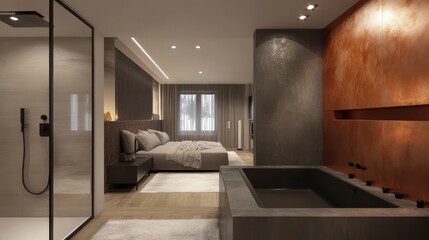 Poster - Modern bedroom with a large freestanding bathtub, a glass-enclosed shower, and a rustic copper wall panel